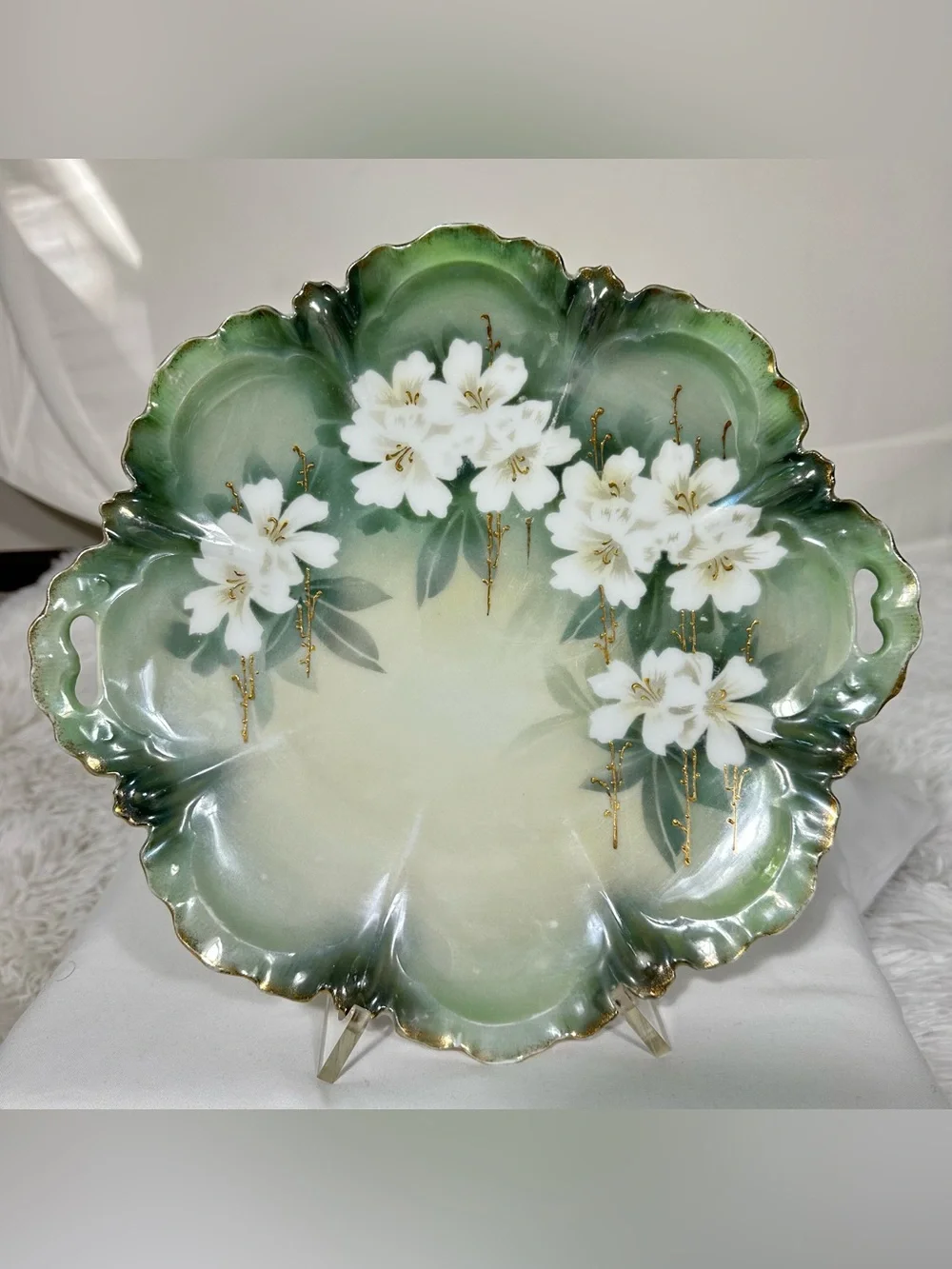 VTG RS Germany Handled Floral Serving Cake Tray Green White Gold Cherry Blossoms